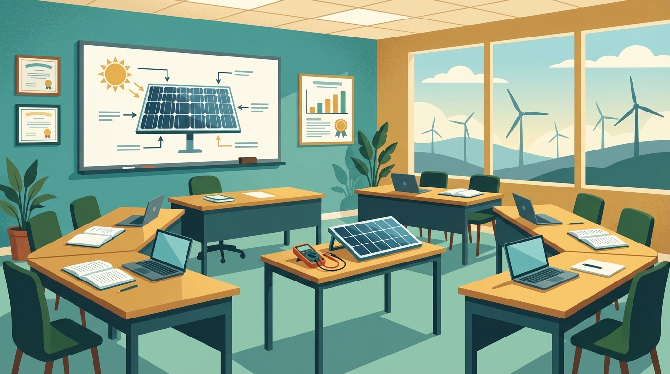Illustration of a training classroom with whiteboard showing solar panel diagram, desks with notebooks and laptops, and wind turbines visible through windows