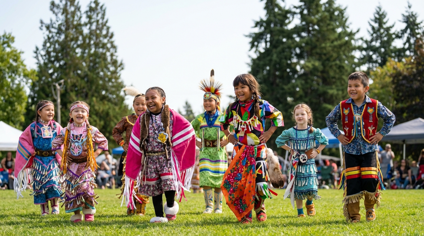 Indigenous children in traditional regalia at an outdoor cultural celebration