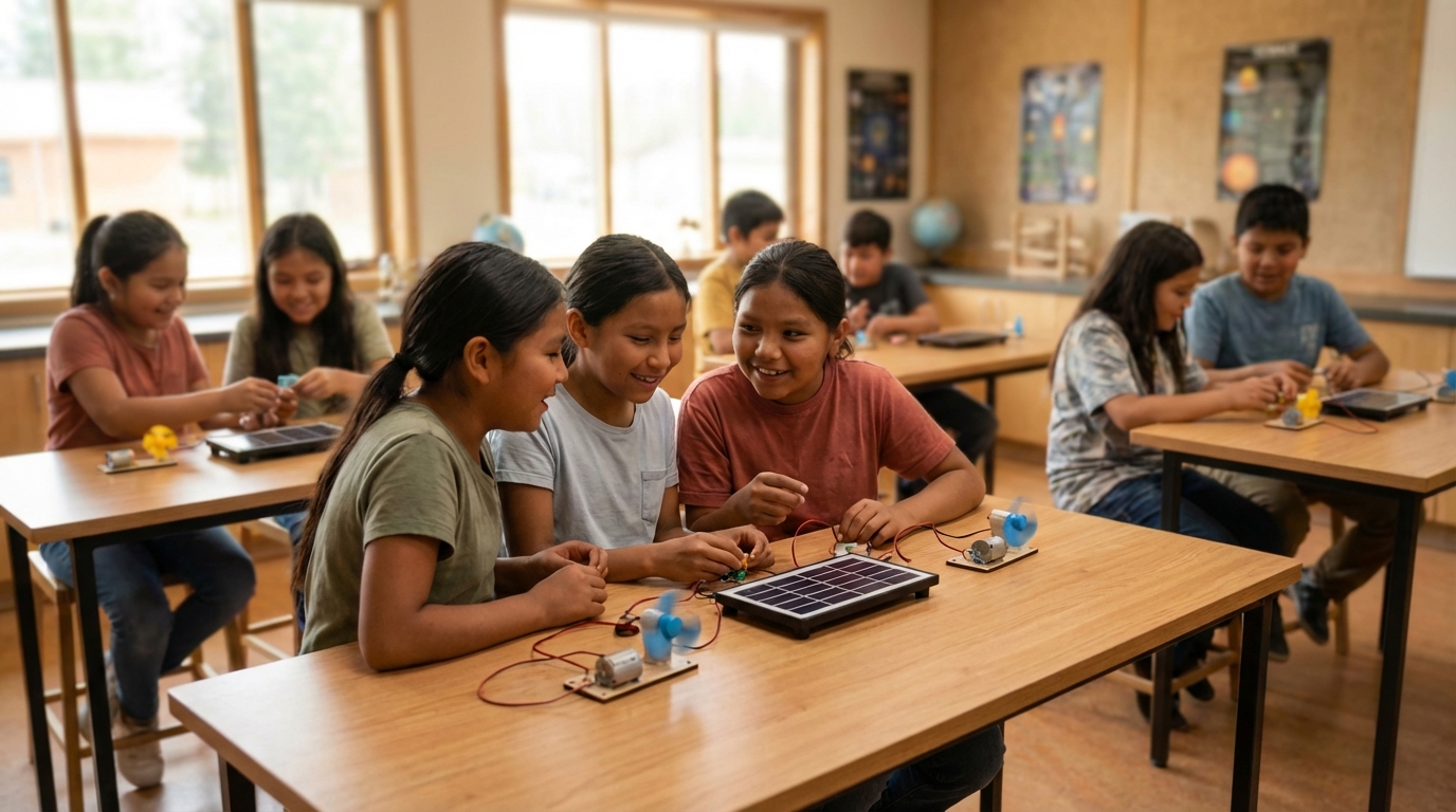 Indigenous children working with solar panel kits in a classroom