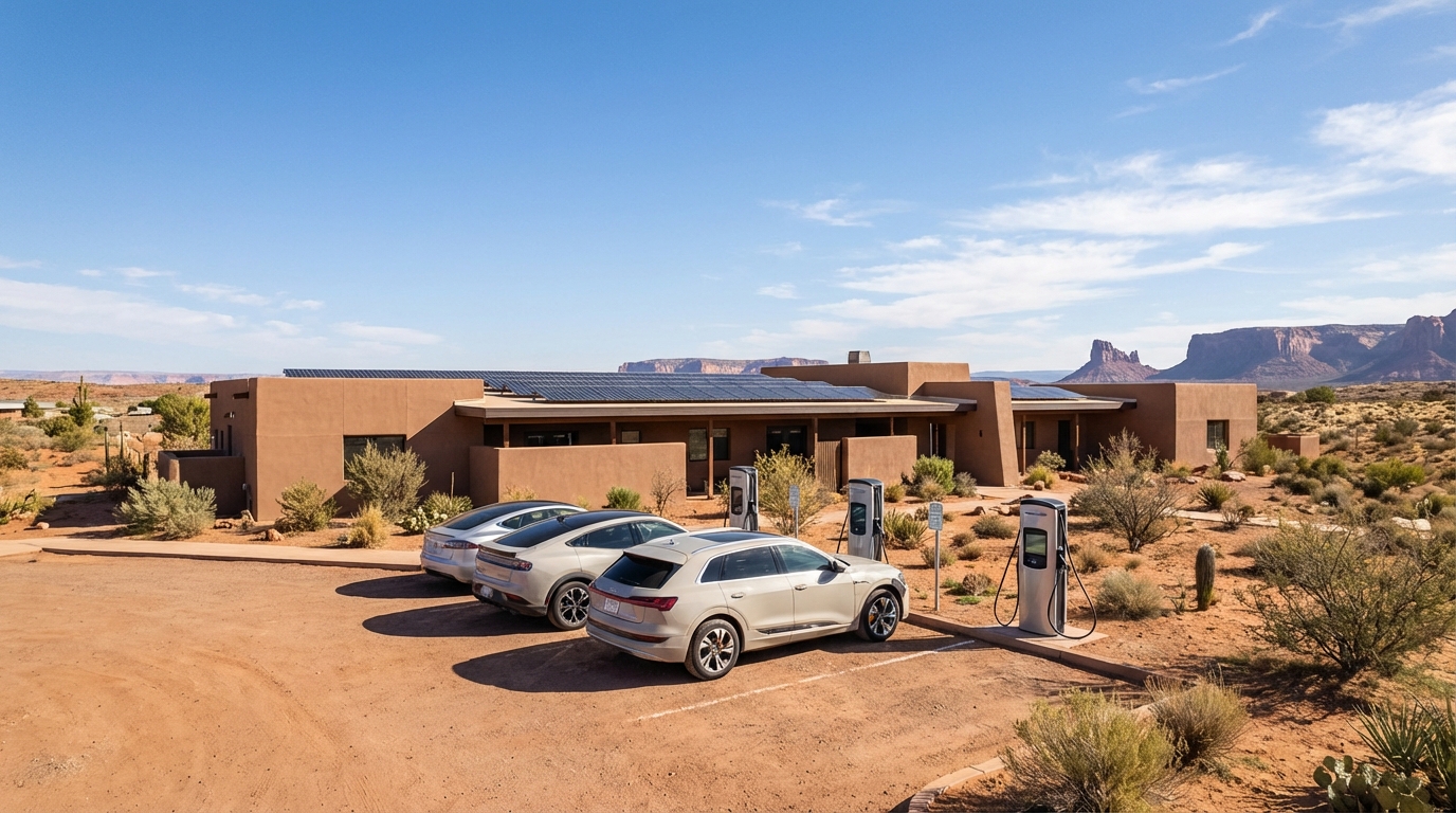 Electric vehicles charging at a Southwest tribal community building with solar panels and desert mesas