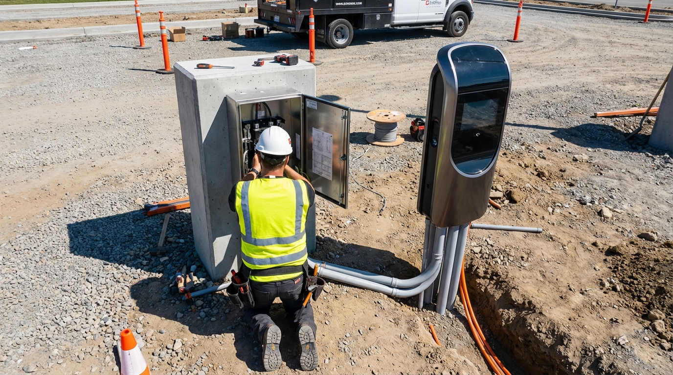Close-up of technician hands working on electrical wiring and components