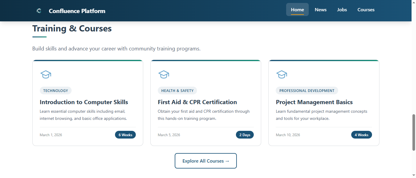 Training courses portal with structured curriculum listings